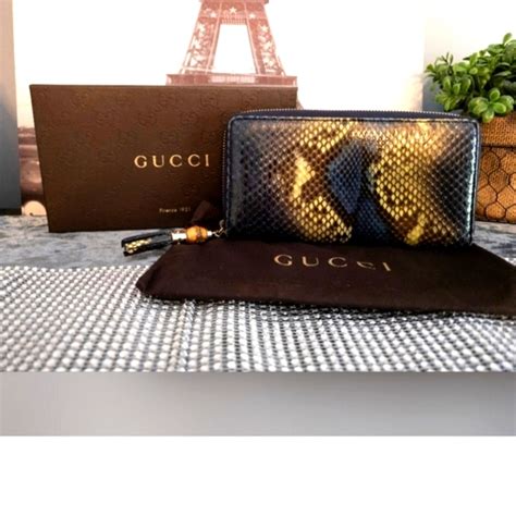 Rare Gucci Blue and Yellow Python Bamboo Tassel Zippy Wallet 